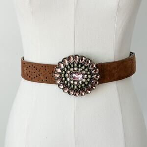 Womens Y2K Brown Faux Suede Statement Belt Size 9 Round Jeweled Buckle Western